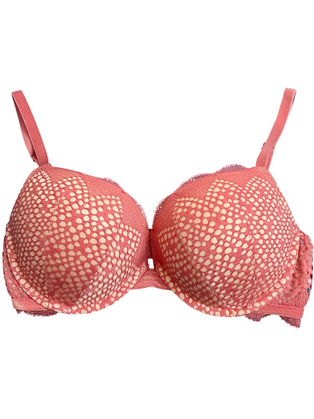 VS Very Sexy Push-Up Bra 34D Coral Pink White Mesh Overlay